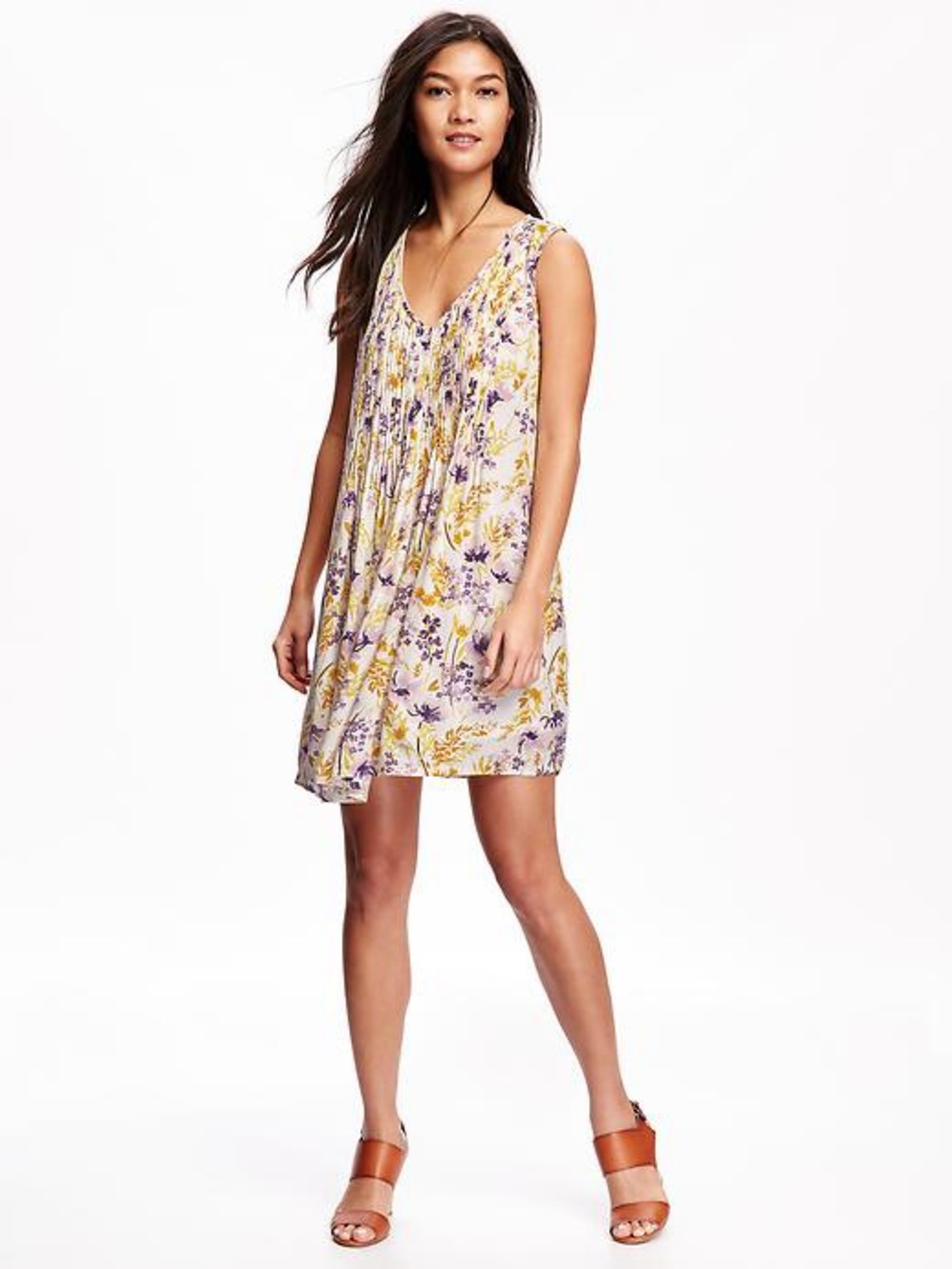 Old Navy Sleeveless V-Neck Pleated Swing Mini Dress Womens M Yellow Floral